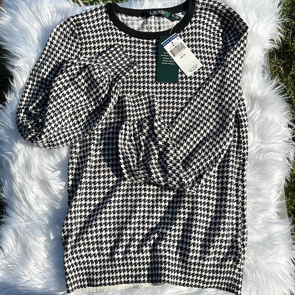 Ralph Lauren Houndstooth Sweater LRL Black White Fine Knit Blouse Women's XS NWT - Picture 3 of 11
